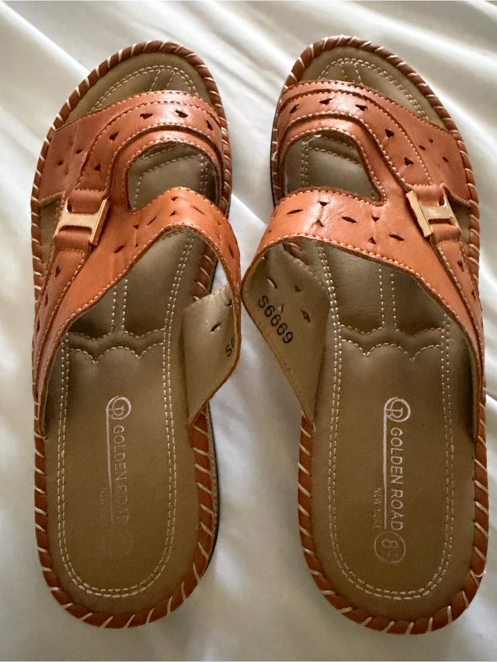 New Women's Tan Leather Slide Sandals